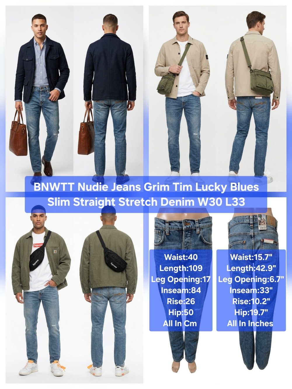 BNWTT Nudie Jeans Grim Tim Lucky Blues Slim Straight Stretch Denim W30 L33